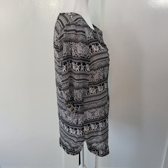 Angie Size L Black White Elephant Print Sheer Blouse with Brass Detail - Picture 3 of 10